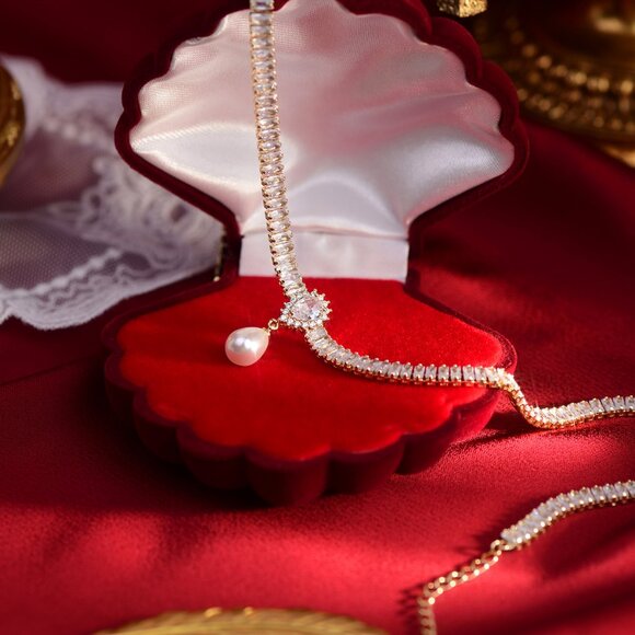 NEW 14K Gold Plated Baguette Diamond Pearl Drop Necklace - Picture 8 of 12